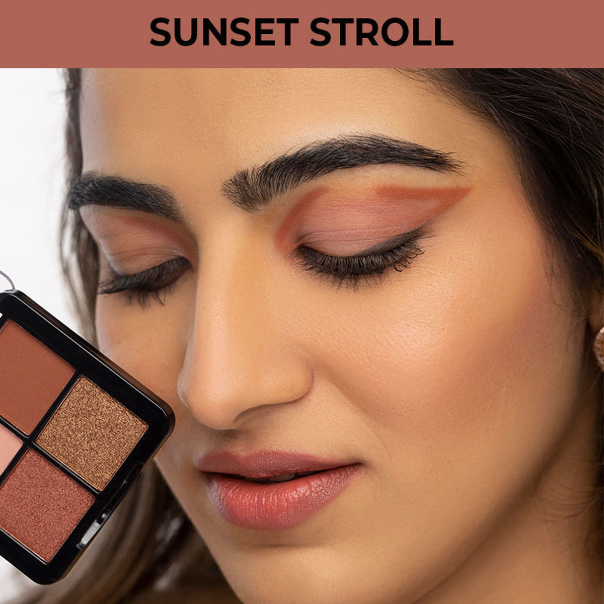 Nykaa Cosmetics Eyes On Me! 4 In 1 Quad Eyeshadow Palette in Sunset Stroll with four warm-toned eyeshadow shades in a sleek compact