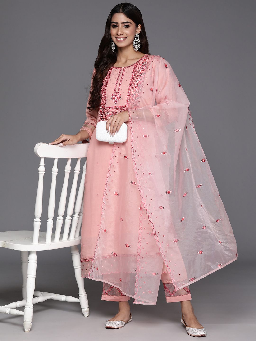 Dhiyona VA Women'sFloral Embroidered Regular Sequinned Kurta with Trousers & Dupatta