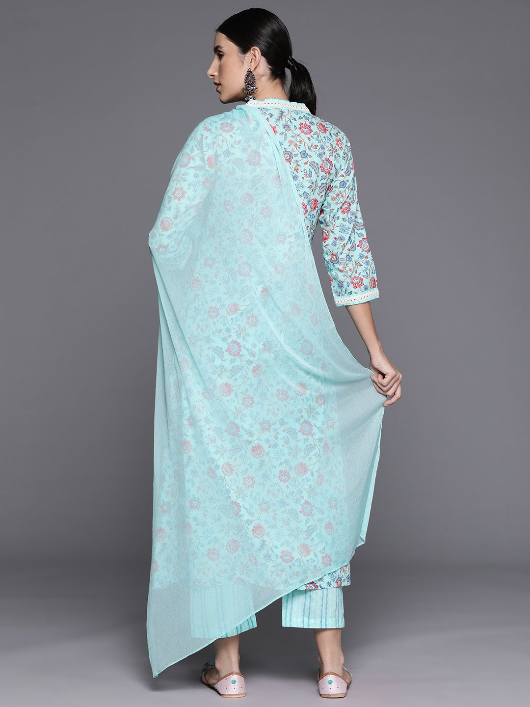 Indyancart VA Women's Floral Printed Empire Mirror Work Cotton Kurta with Trousers & With Dupatta