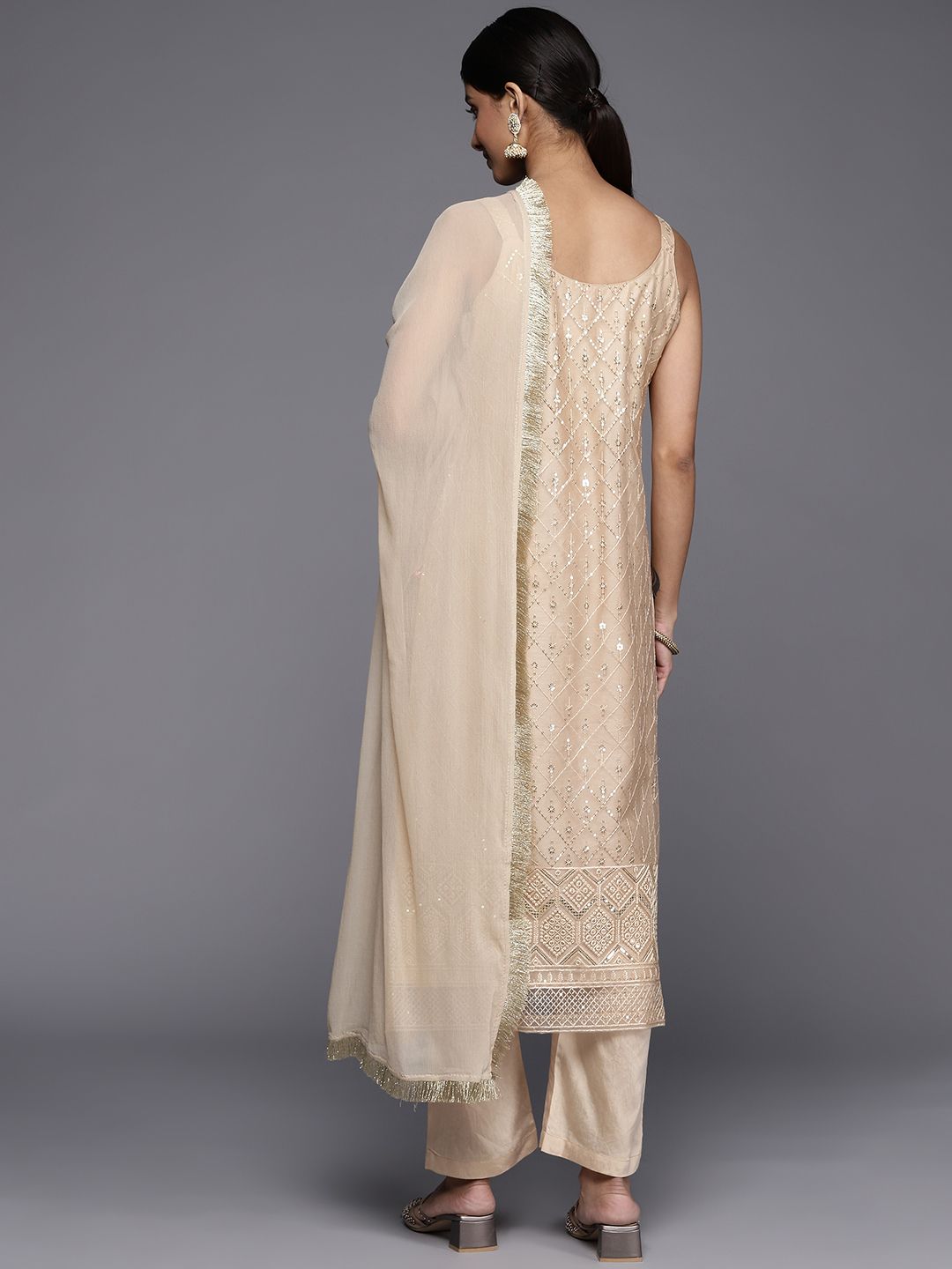 Indyancart VA Women's Beige Sequinned Kurta with Trousers & With Dupatta