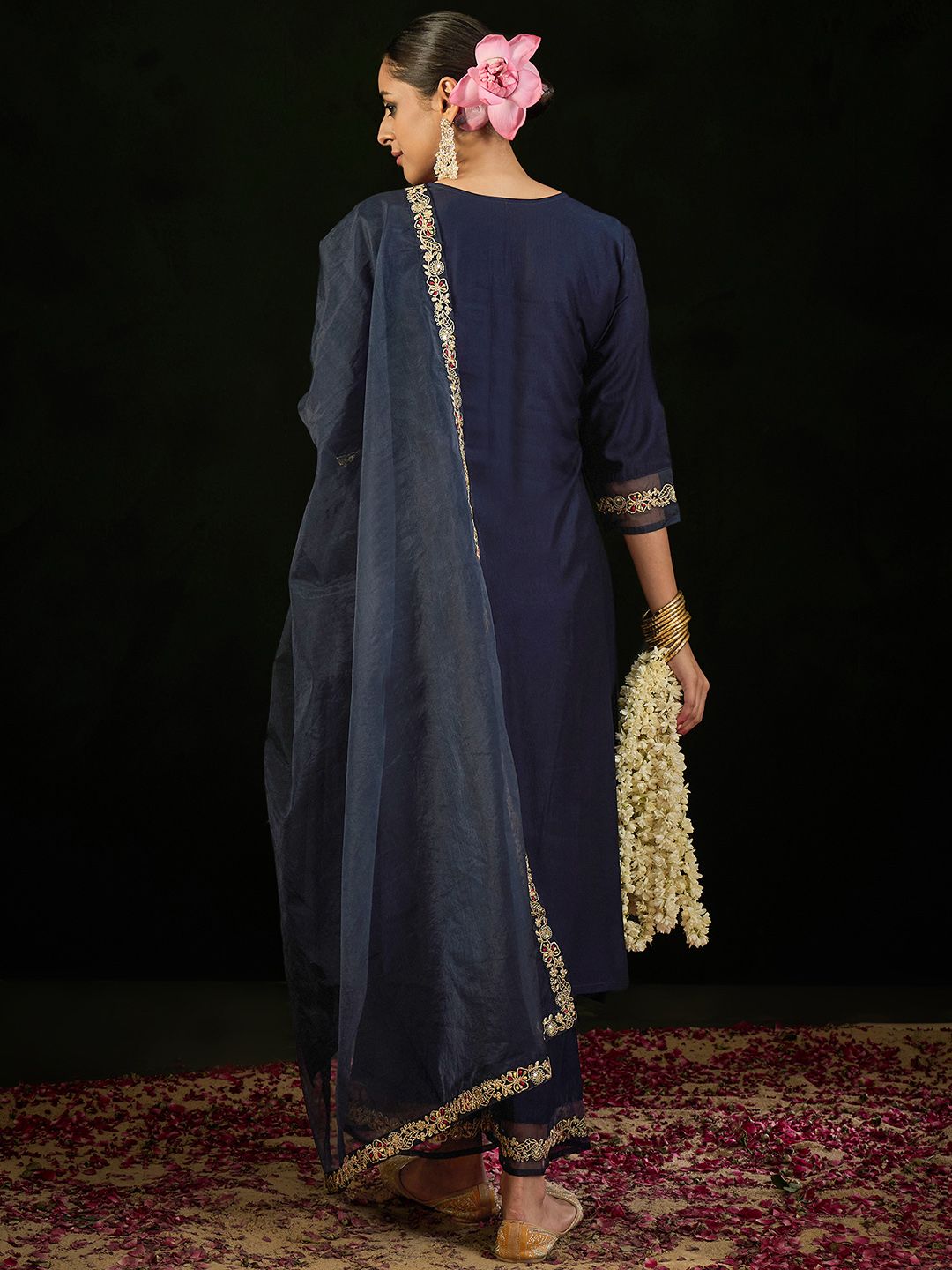 Indyancart IE Floral Embroidered Empire Liva Kurta with Trousers & Dupatta
