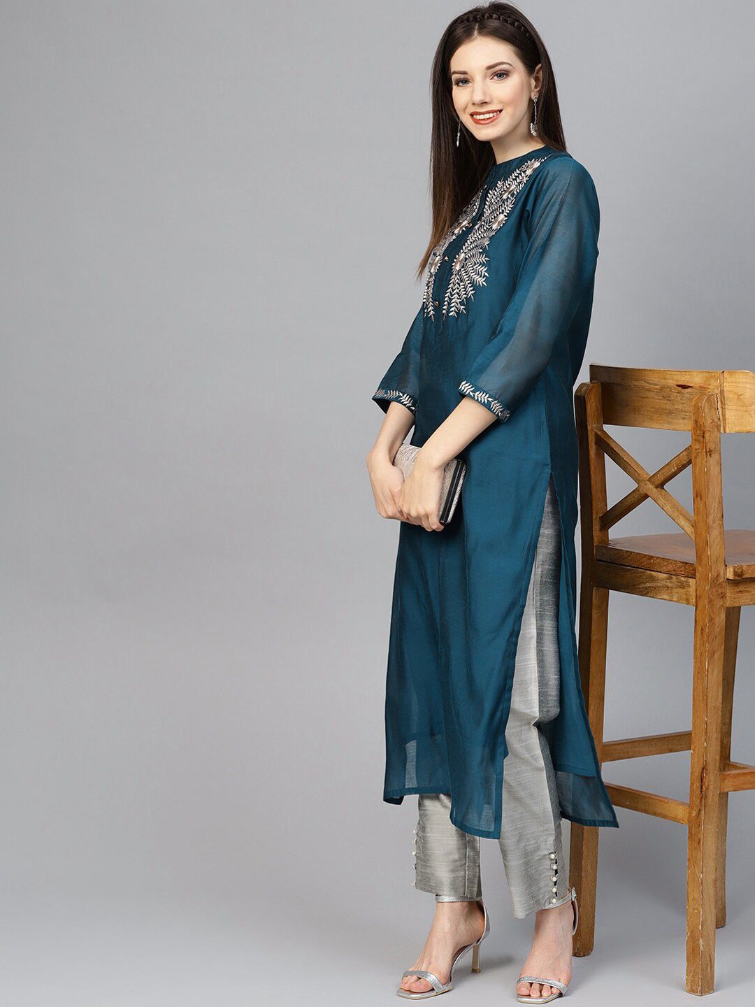 Indyancart VA Women's Navy Blue Floral Embroidered Regular Kurta with Trousers