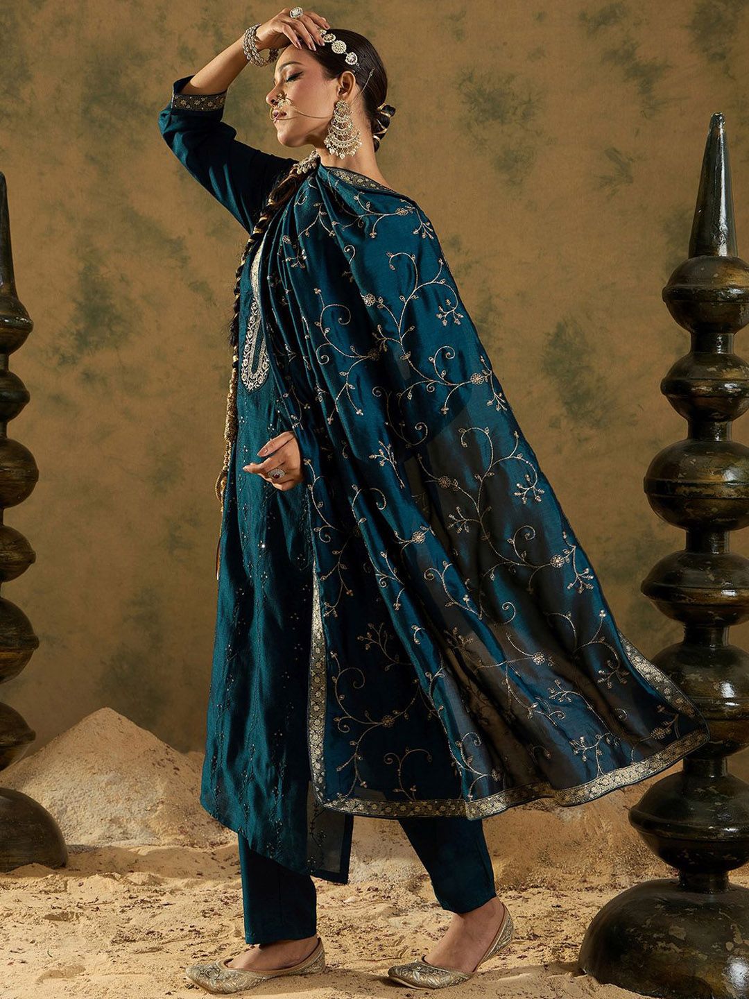 Indyancart IE Floral Embroidered Sequinned Kurta with Trousers & Dupatta