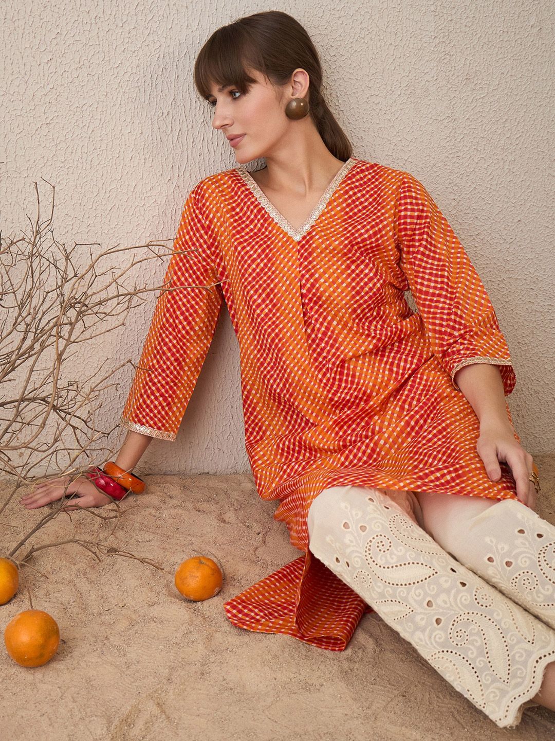 Dhiyona IE Leheriya Printed Pleated V-Neck Sequins Pure Cotton A-Line Kurta