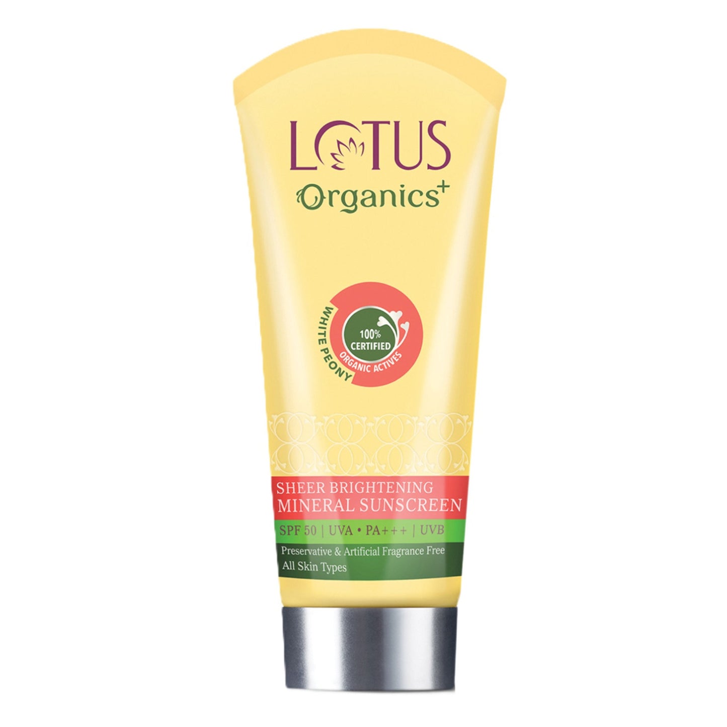 Lotus Organics Sheer Brightening Mineral Sunscreen, SPF 50, 100% Certified Organic White Peony