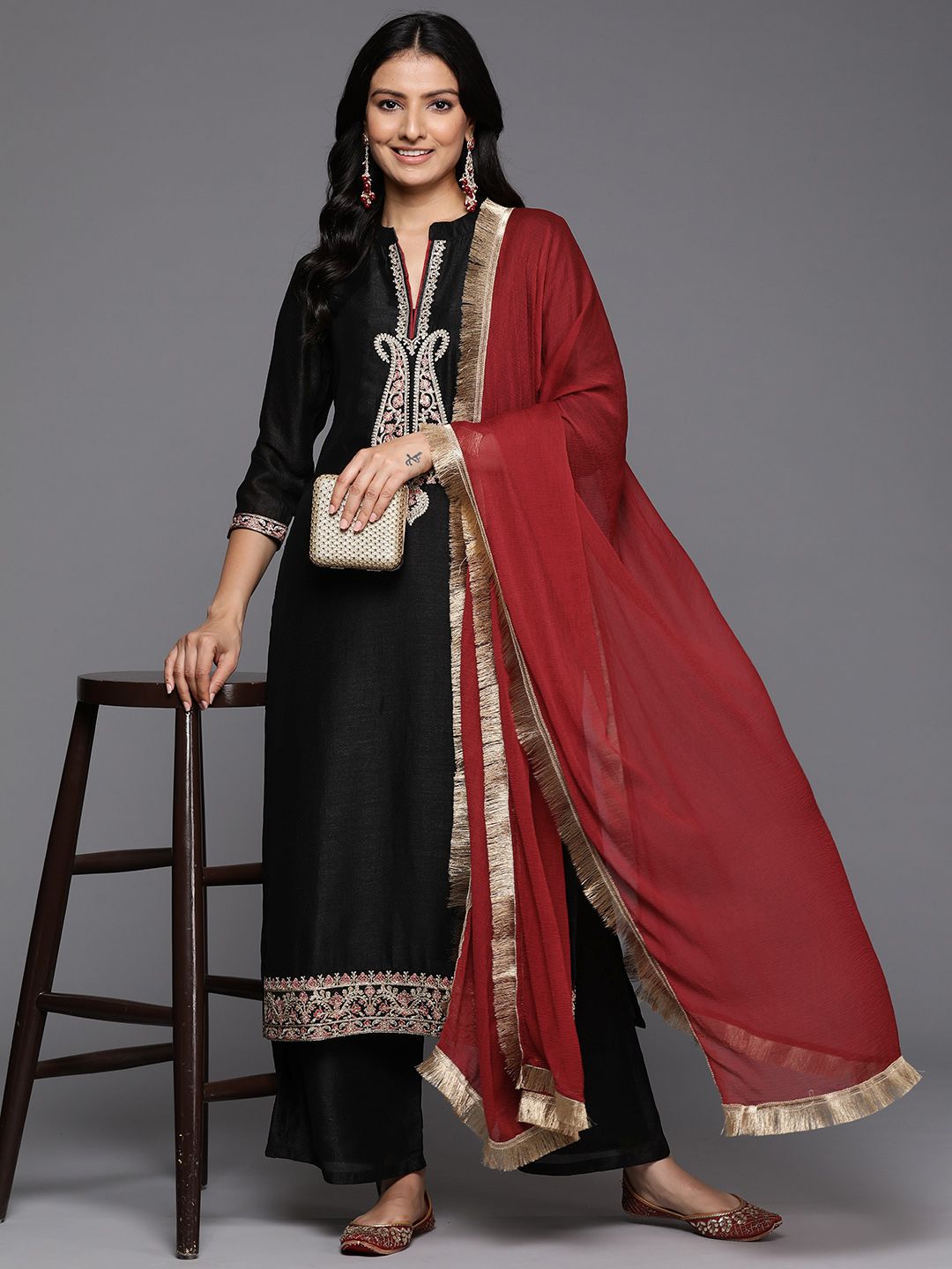 Indyancart VA Women's Ethnic Motifs Embroidered Regular Kurta with Palazzos & With Dupatta