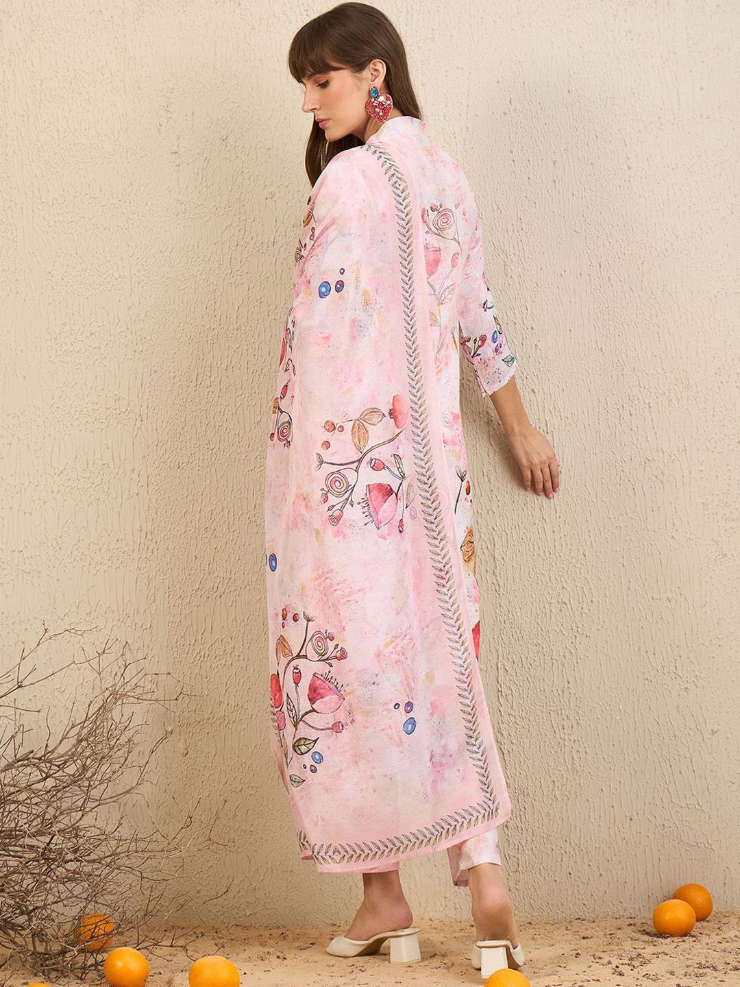 Indyancart IE Floral Printed V-Neck Chanderi Silk Straight Kurta With Trousers & Dupatta