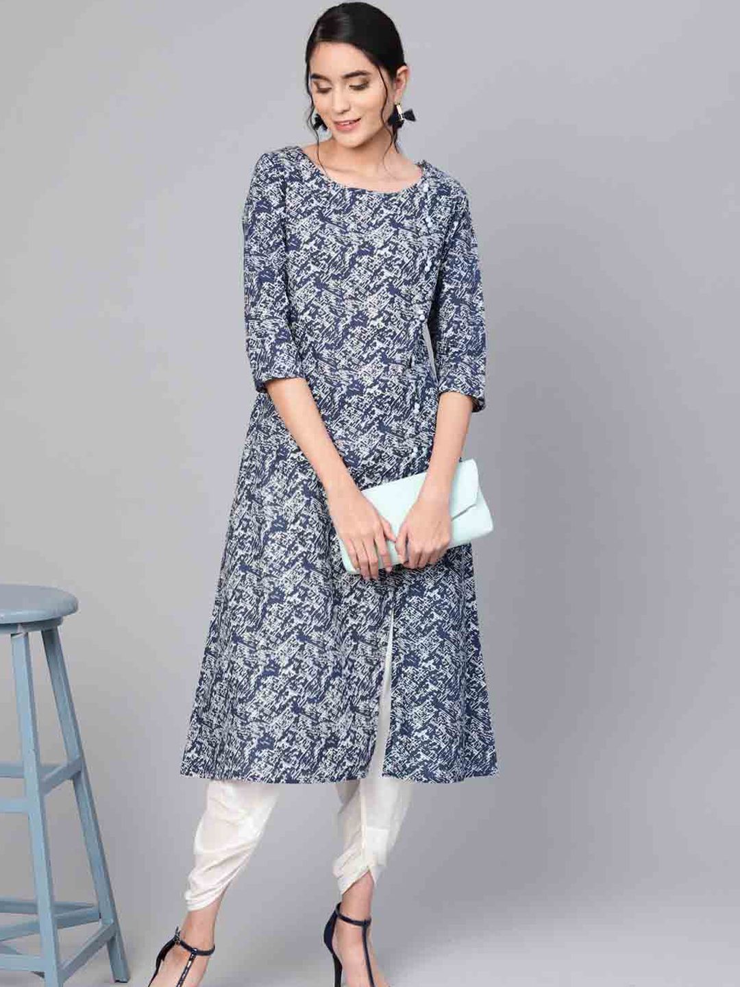 Indyancart IE Women Blue Paisley Yoke Design Abstract Printed A-Line Kurta