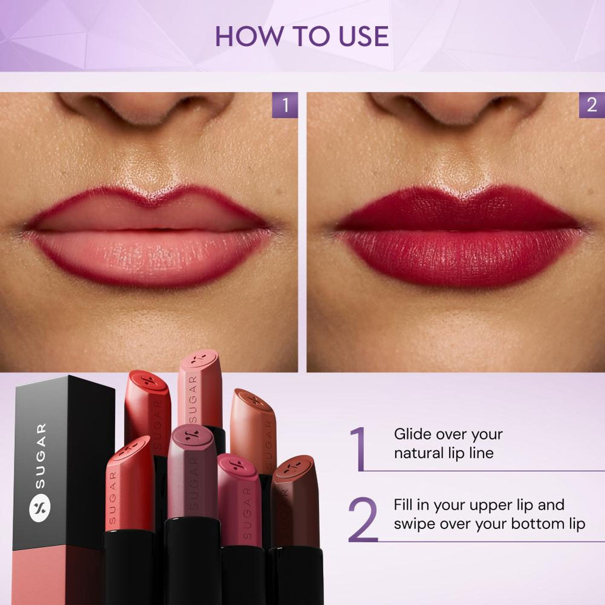 SUGAR Glide Peptide Serum Lipstick in Parisian Pink, velvet matte finish with HA and vitamin E, showing the lipstick and swatch.