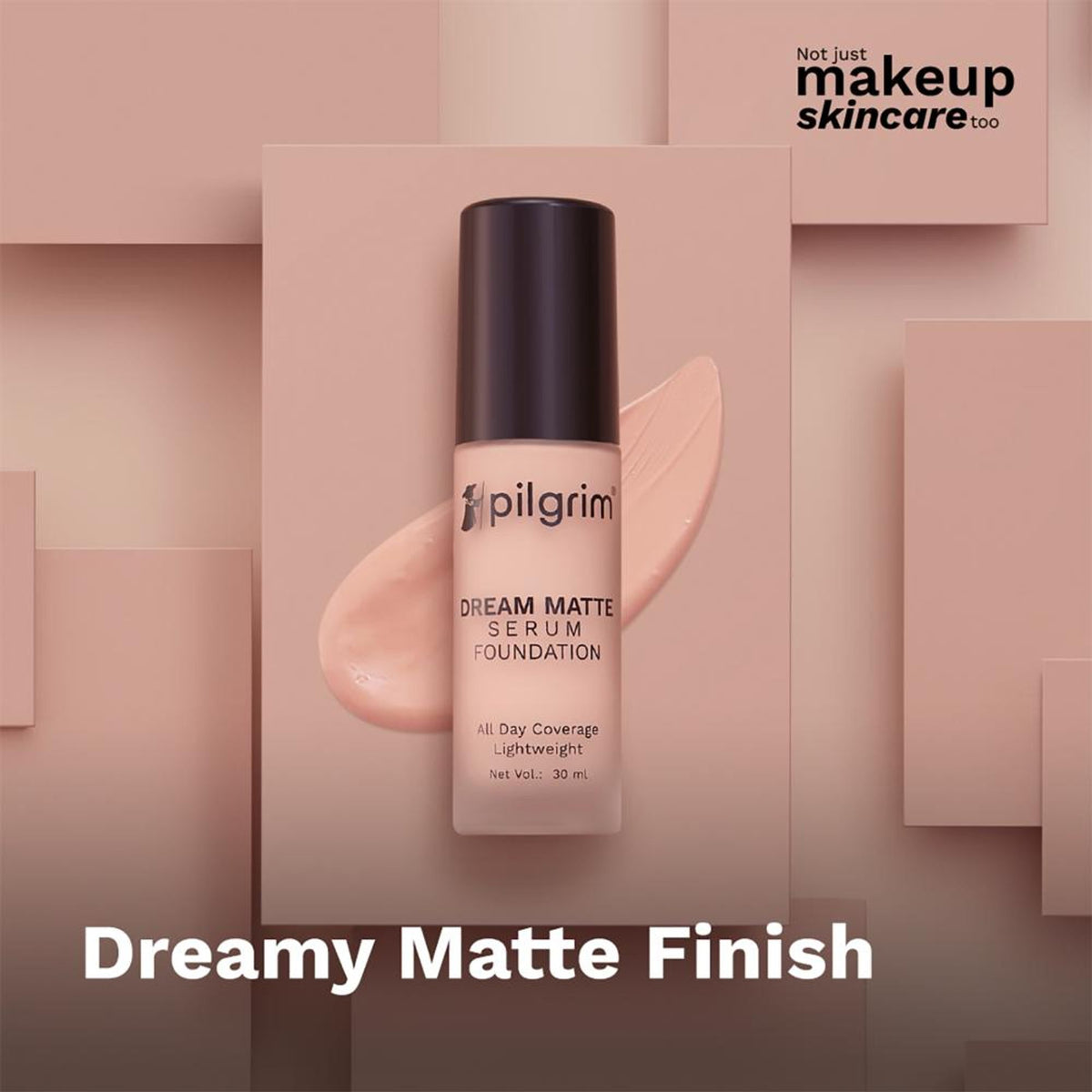 Pilgrim Dream Matte Serum Foundation in Pure Ivory 110 with hyaluronic acid, showing the foundation bottle with matte finish and pump.