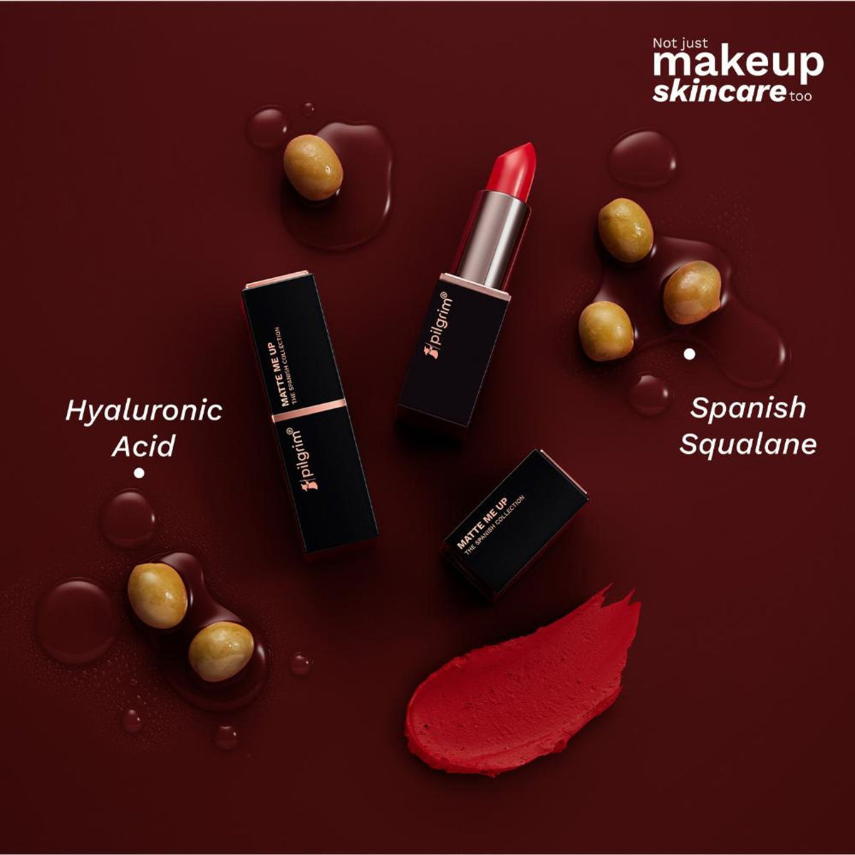 Pilgrim Matte Me Up Velvet Bullet Lipstick in Flamin' Red, soft, transferproof, and smudgeproof lipstick shown on lips.