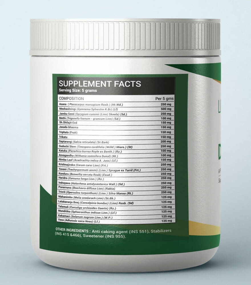 Livestamin Diastamin herbal supplement powder in a clear container, with the powder visible inside on a white background.