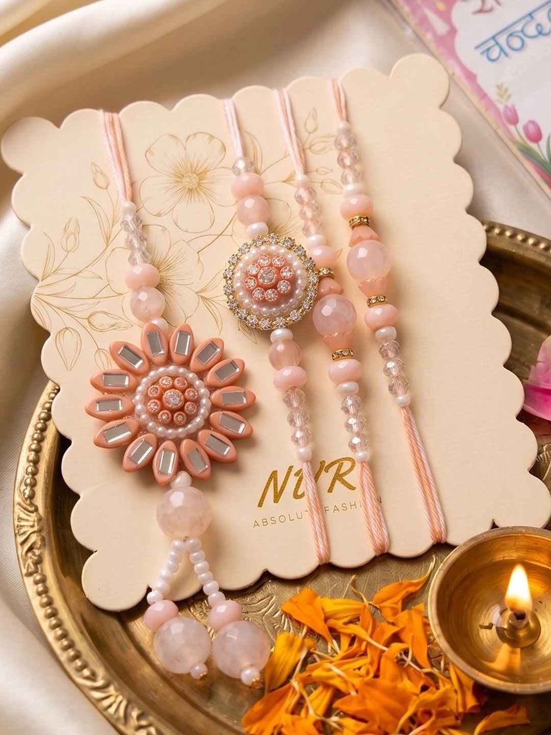 Anouk Set Of 4 Beaded Family Pack Thread Rakhi With Roli Chawal Chandan Mishri