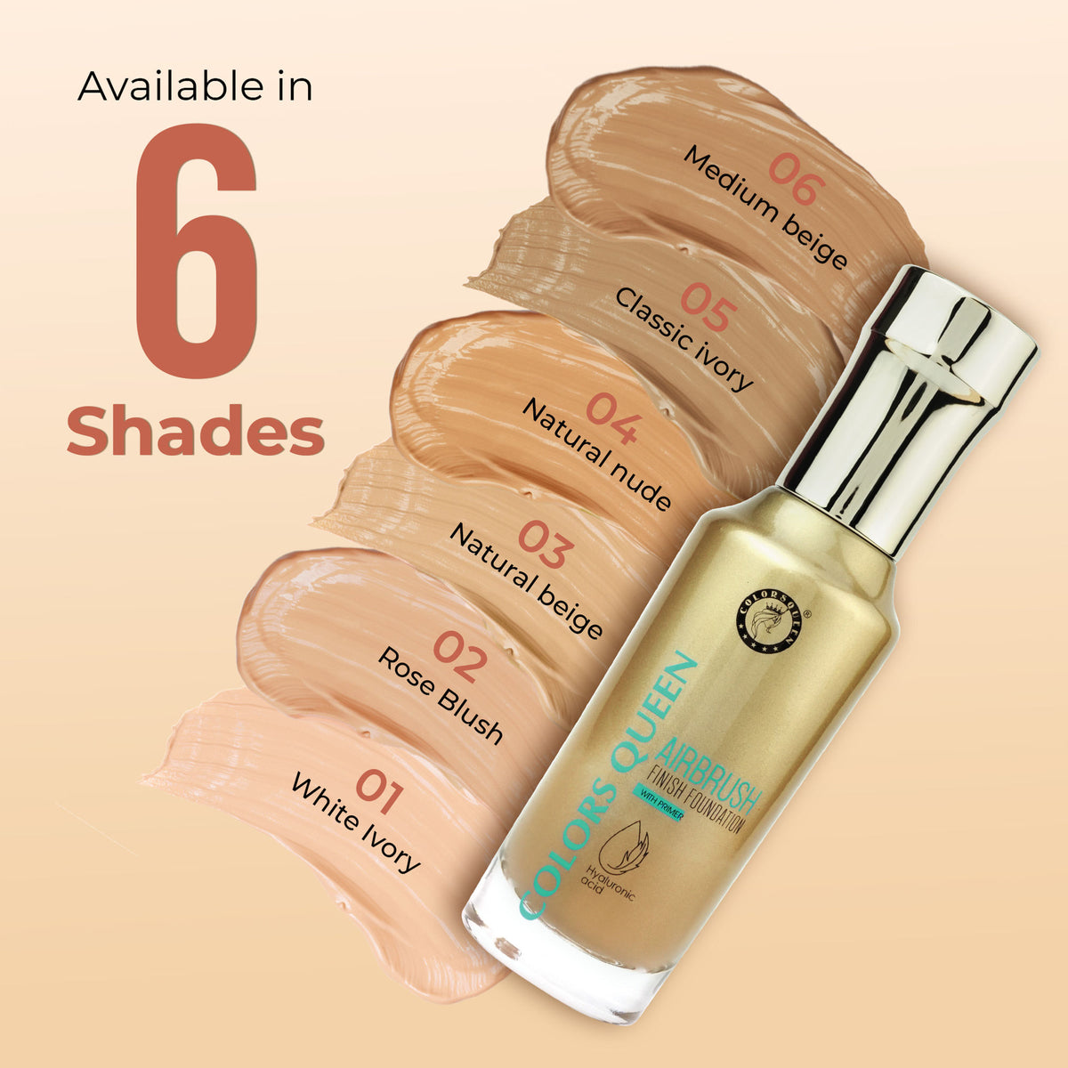 Colors Queen Airbrush Foundation with Primer in Medium Beige, showing the sleek bottle and application nozzle for smooth makeup application.