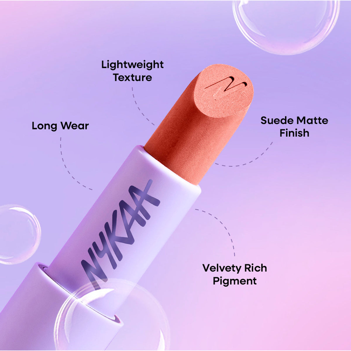 Nykaa Cosmetics Superlight Powder Matte Lipstick in Bloom, high pigment, creamy feather-touch finish, shown in a sleek lipstick tube