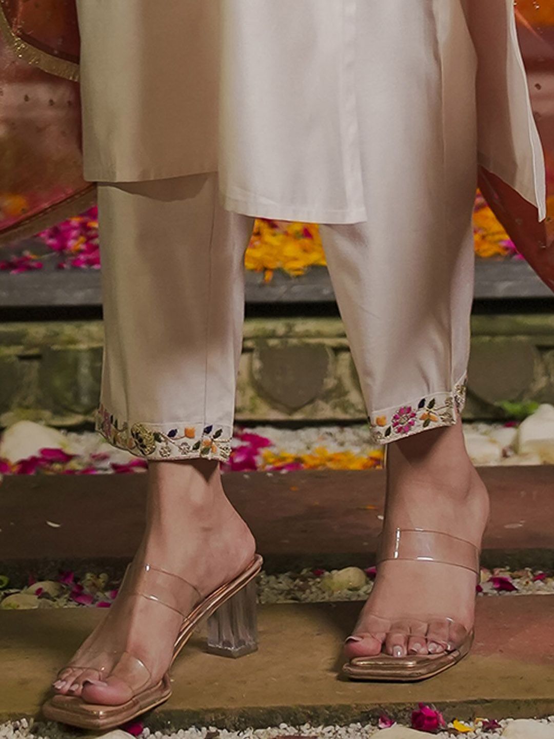 Indyancart IE Floral Embroidered Thread Work Liva Kurta With Trousers & Dupatta