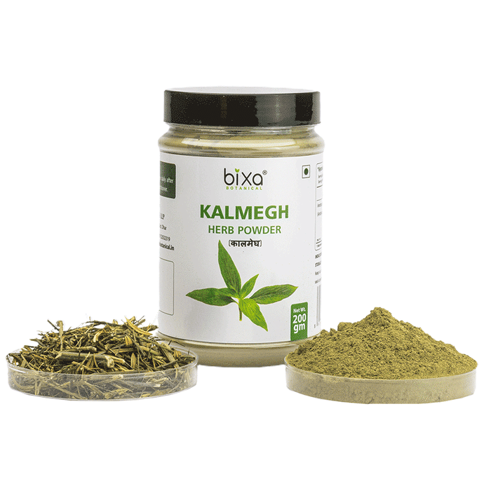 Bixa Botanical Kalmegh Powder in a clear container, showcasing the Ayurvedic herbal powder for health and wellness.