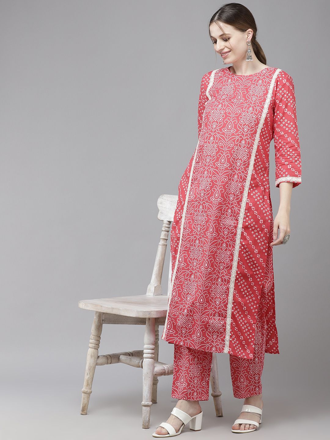 Indyancart IE Women Pink Bandhani Printed Regular Pure Cotton Kurta with Palazzos