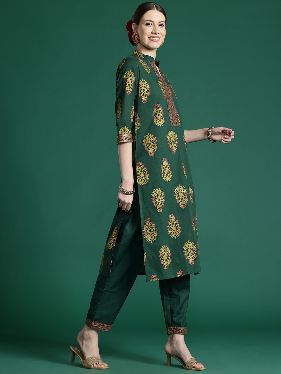 Dhiyona IE Floral Printed Pure Cotton Kurta With Trousers & Dupatta