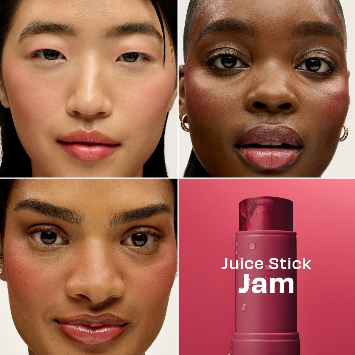 Benefit Cosmetics Juice Stick Dewy Gel Blush in Jam Rich Berry, showing the vibrant berry-colored gel blush stick with a smooth finish.