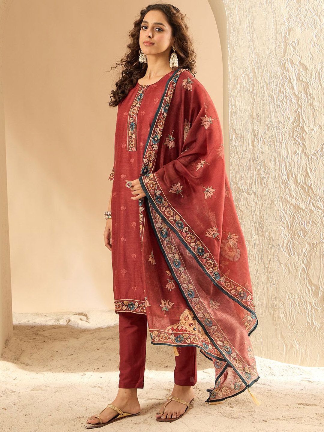 Indyancart IE Women Embroidered Regular Thread Work Chanderi Silk Kurta Trousers Dupatta