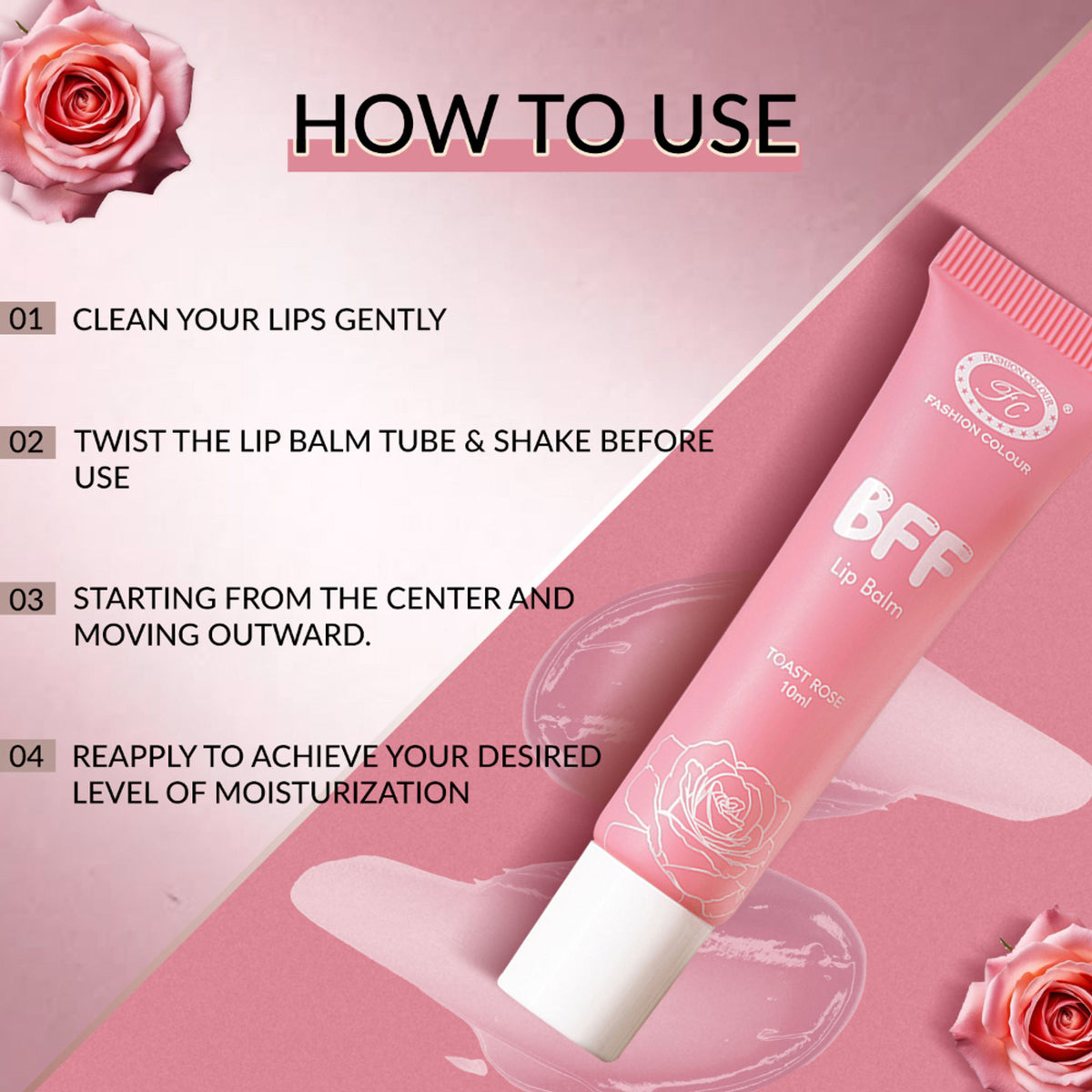 FASHION COLOUR BFF Lip Balm in Toast Rose, showing a close-up of the tinted lip balm tube with a soft pink hue.