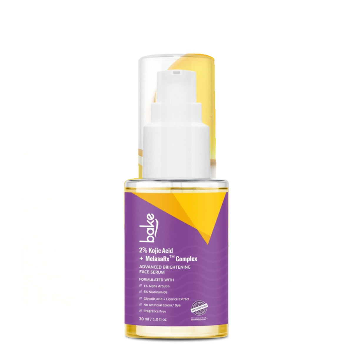 BAKE 2% Kojic Acid Face Serum with Niacinamide for pigmentation, dark spots, and uneven skin tone, displayed in a clear bottle.