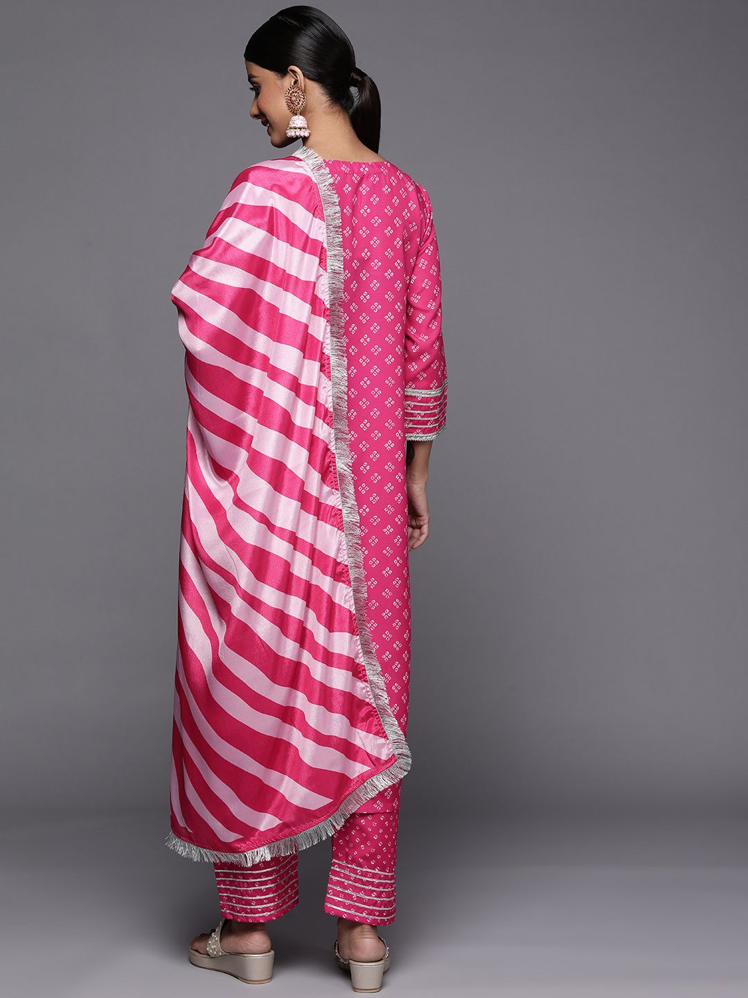Dhiyona VA Women's Pink Bandhani Printed Kurta with Trousers & With Dupatta