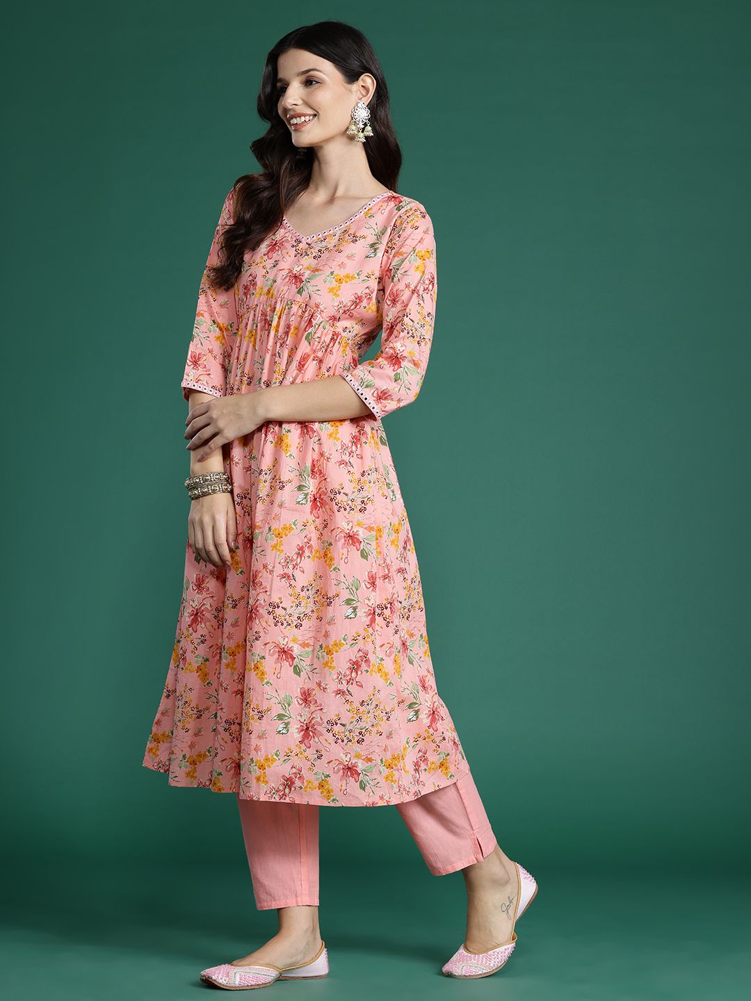 Indyancart IE Floral Printed Empire Mirror Work Pure Cotton Kurta With Trousers & Dupatta