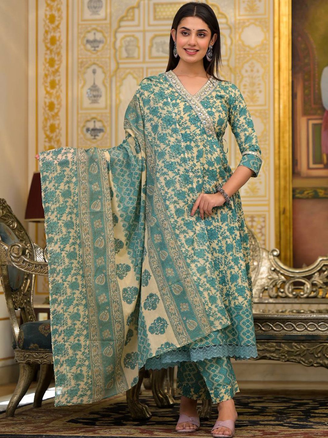 Indyancart VA Women'sEthnic Motifs Printed Mirror Work Pure Cotton Kurta with Trousers & Dupatta