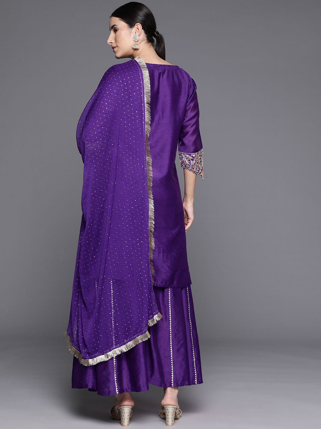 Indyancart VA Women Floral Yoke Design Sequinned Chanderi Silk Kurta with Palazzos & Dupatta