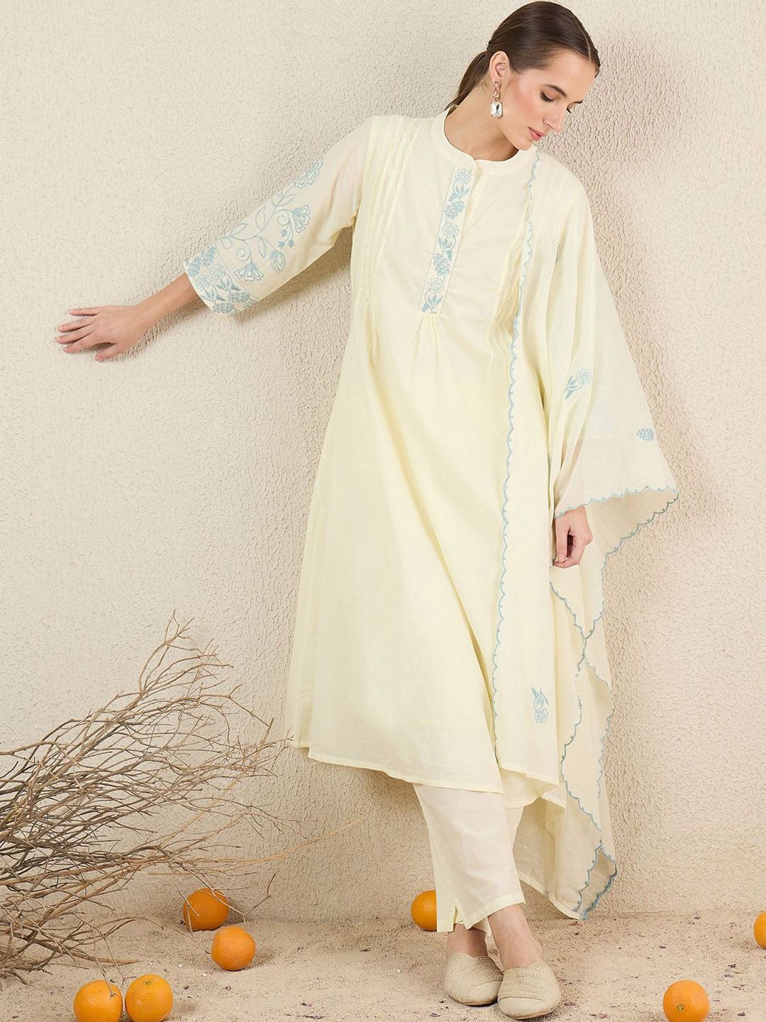 Indyancart IE Women Solid Embroidered Cotton Kurta with Trousers & Dupatta