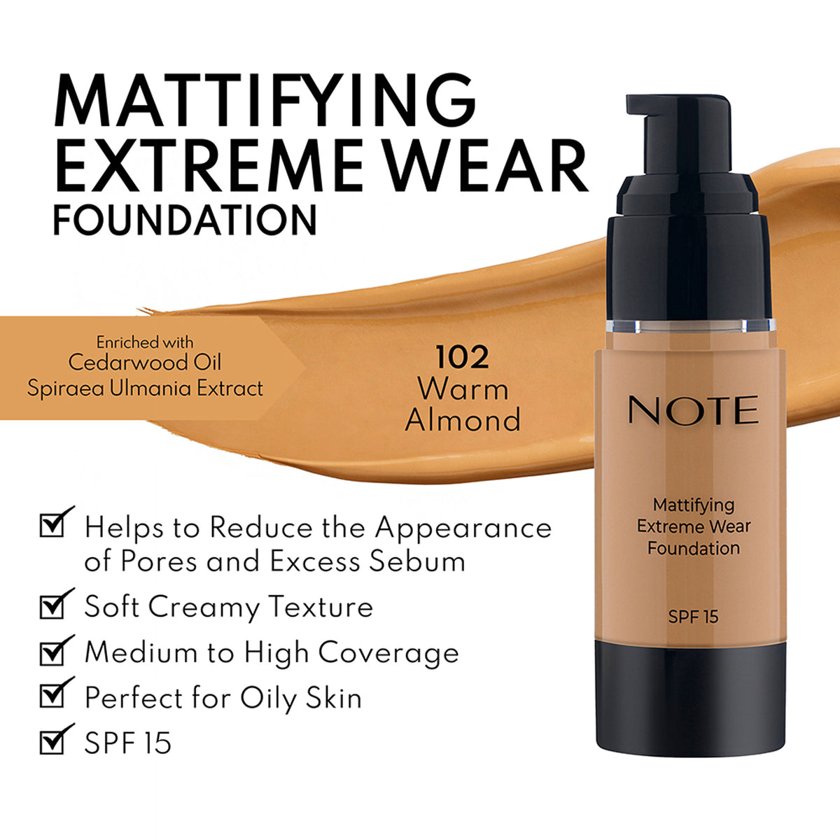 Note Cosmetique Mattifying Extreme Wear Foundation in shade 102 Warm Almond, showing the compact with smooth foundation surface.