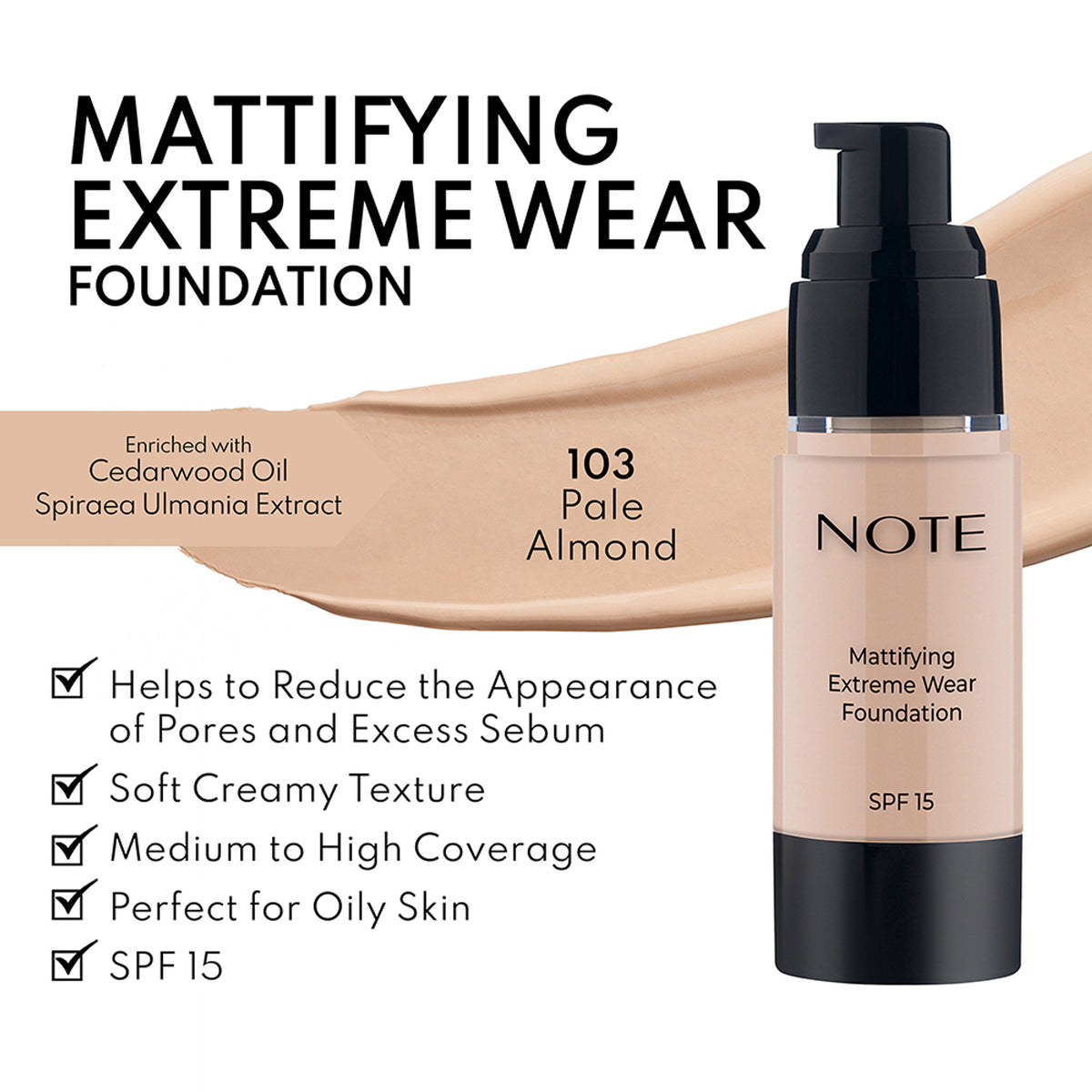 Note Cosmetique Mattifying Extreme Wear Foundation in shade 103 Pale Almond, showing the sleek compact with foundation inside.