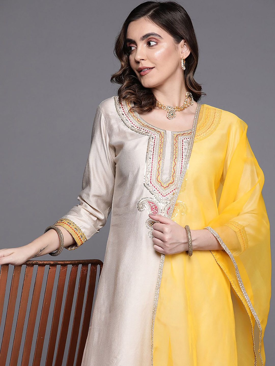 Indyancart IE Embroidered Round Neck Three-Quarter Sleeves Sequinned Liva Kurta Set