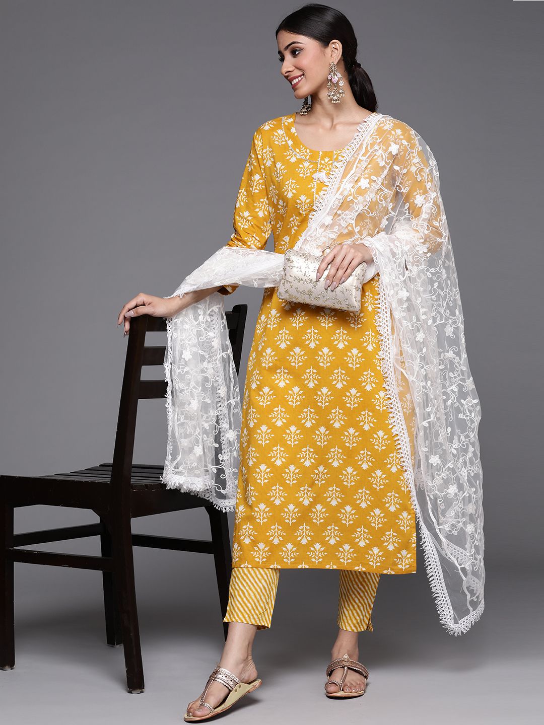 Indyancart VA Women's Mustard Yellow Ethnic Motifs Printed Sequinned Pure Cotton Kurta with Trousers & With Dupatta