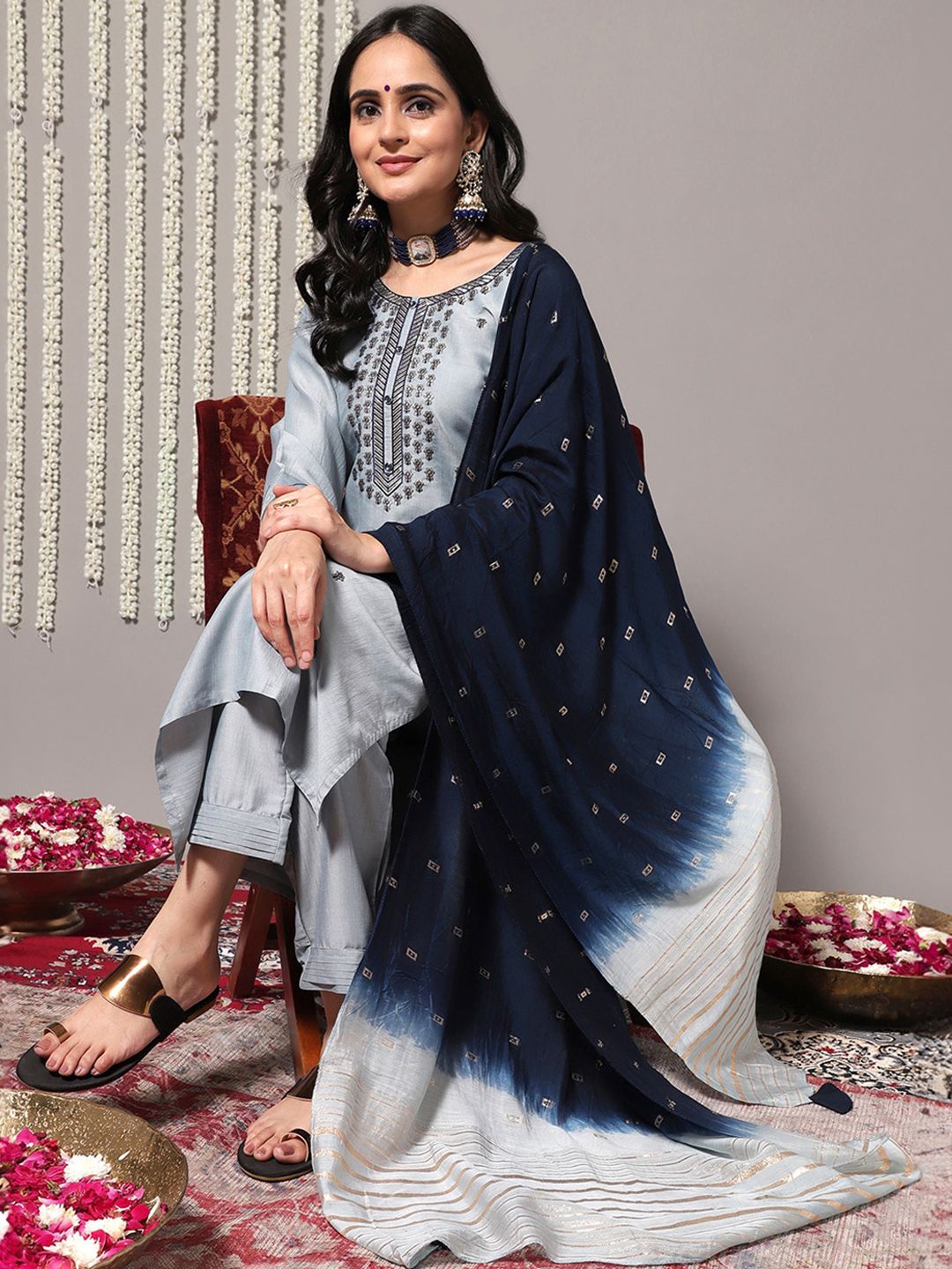 Indyancart VA Women'sBlue Ethnic Motifs Embroidered Kurta With Trousers & Dupatta