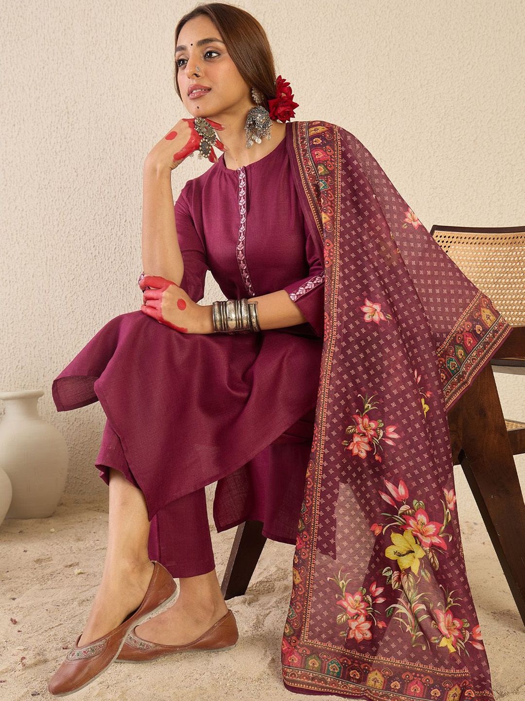 Women Ethnic Motifs Embroidered Regular Kurta with Trousers & Printed Dupatta