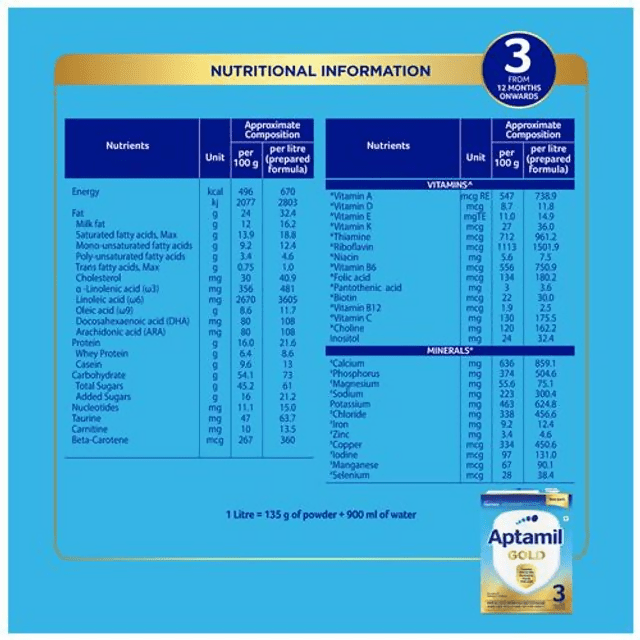 Aptamil Gold Follow-Up Formula Stage 3 Powder (From 12 Months Onwards) - Indyancart