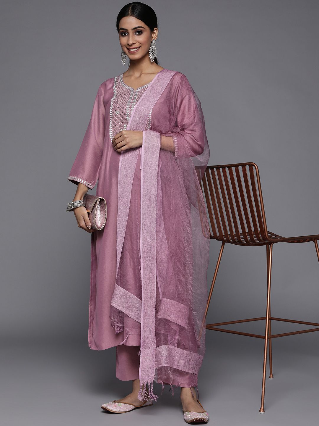 Indyancart VA Women's Mauve Ethnic Motifs Embroidered Gotta Patti Kurta with Trousers & With Dupatta