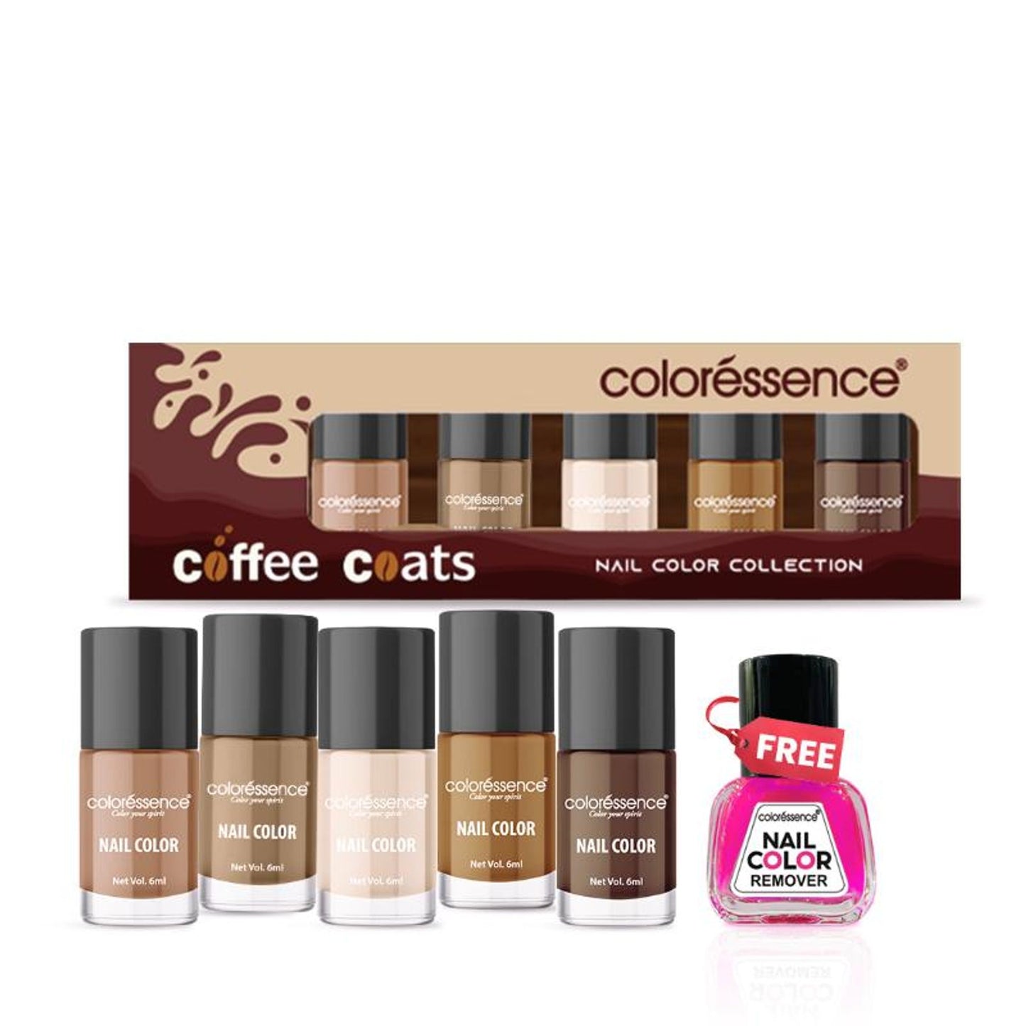Coloressence Nail Paint Kit With Free Nail Paint Remover - Coffee coats
