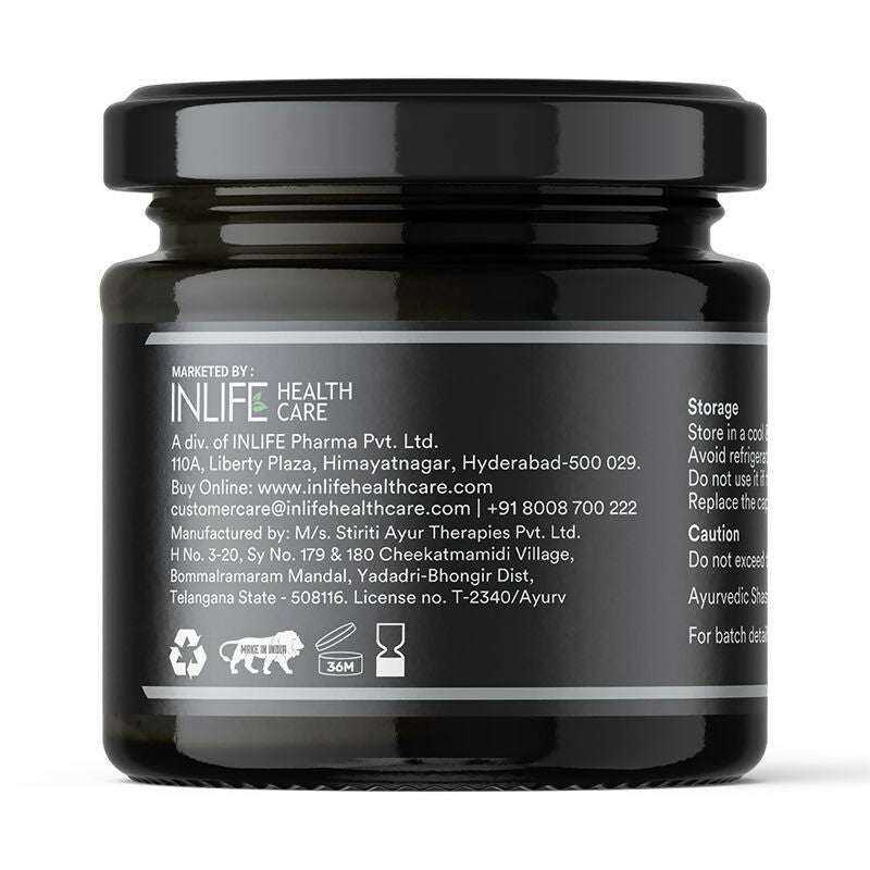Inlife Sj Resin, Himalayan and natural immunity support supplement, showing the resin in a clear container with labels.