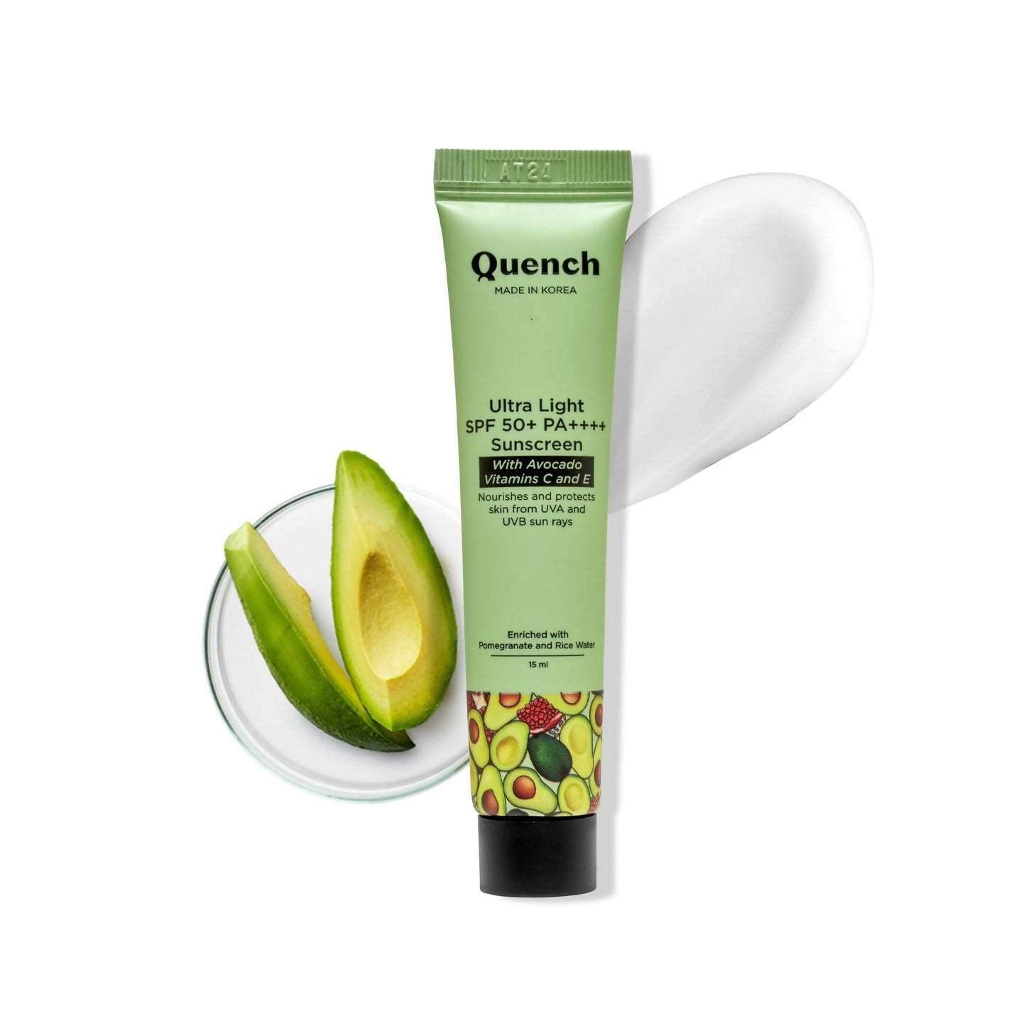 Quench Vitamin E SPF 50+ PA++++ sunscreen in a sleek tube, designed for glowing skin and UV protection in Korean skincare.