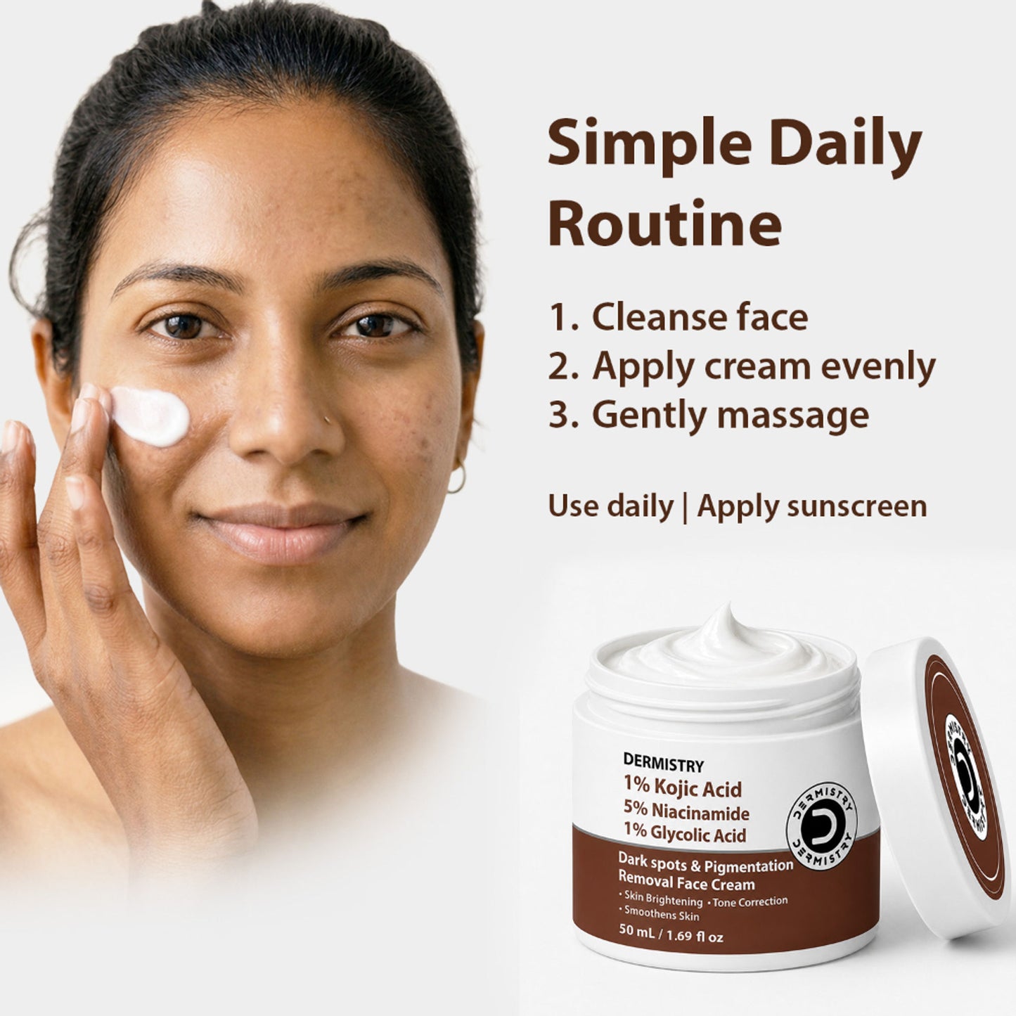 DERMISTRY Kojic Acid Face Cream Pigmentation Tan Removal Glowing Skin Whitening Lightening Fairness