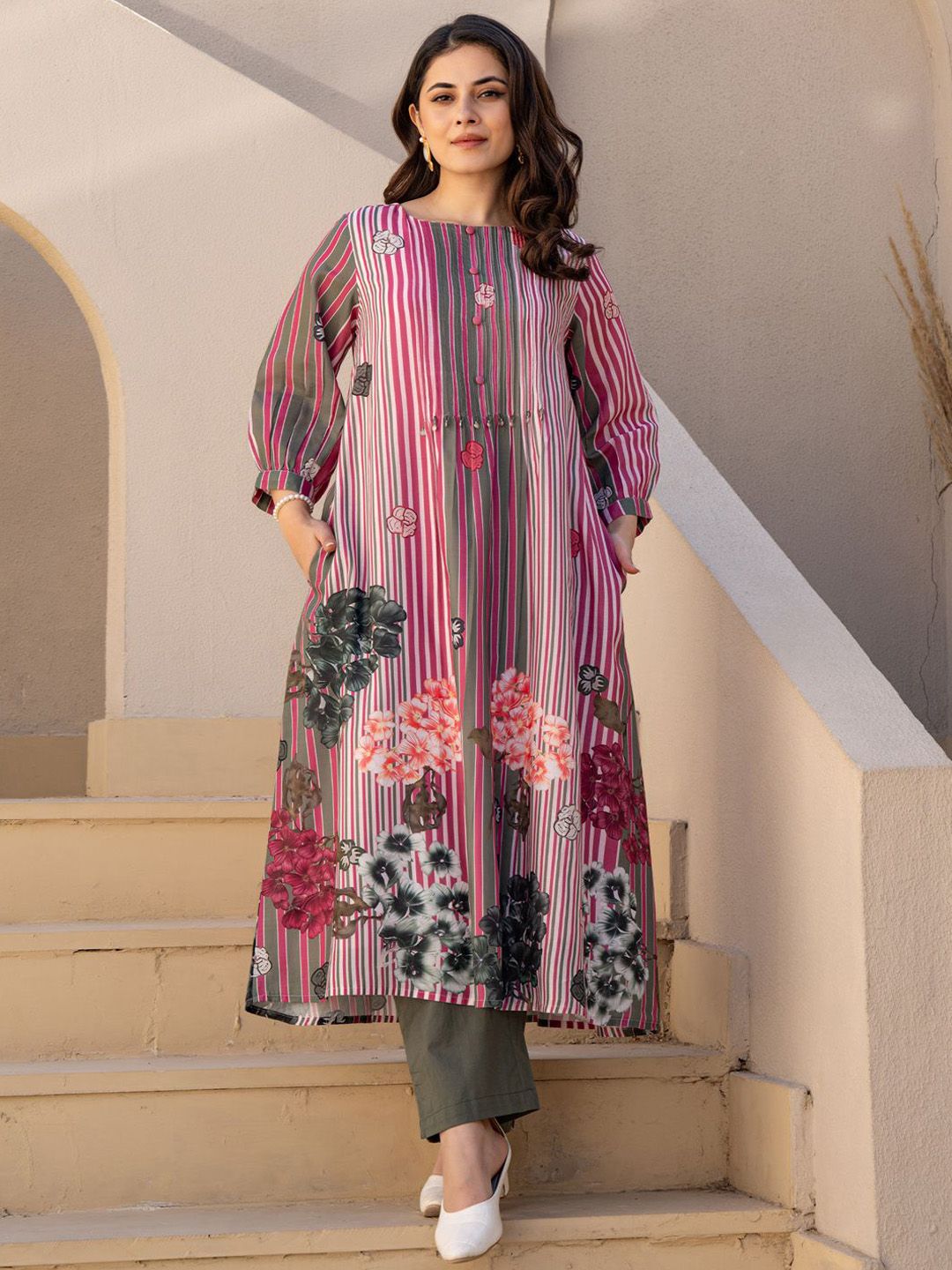 Dhiyona IE Indo era Printed Pure Cotton Round Neck Top With Trousers Co-Ords Set