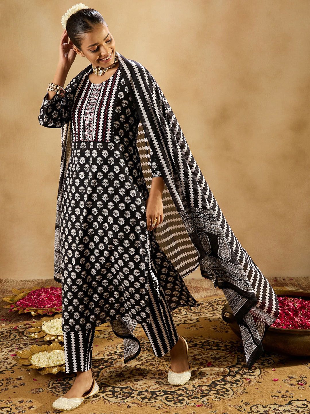 Indyancart IE Black Ethnic Motifs Printed Round Neck Thread Work Pure Cotton Straight Kurta Set