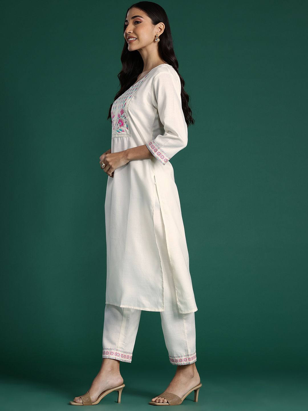 Indyancart IE Yoke Design Zari Pure Cotton Kurta With Trousers & Dupatta