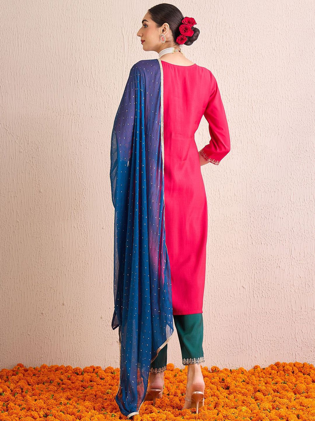 Indyancart IE Women Ethnic Motifs Embroidered Regular Kurta with Trousers & With Dupatta