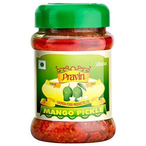 Pravin Mango Pickle jar featuring North Indian-style mango achar with vibrant yellow-orange color and traditional packaging.