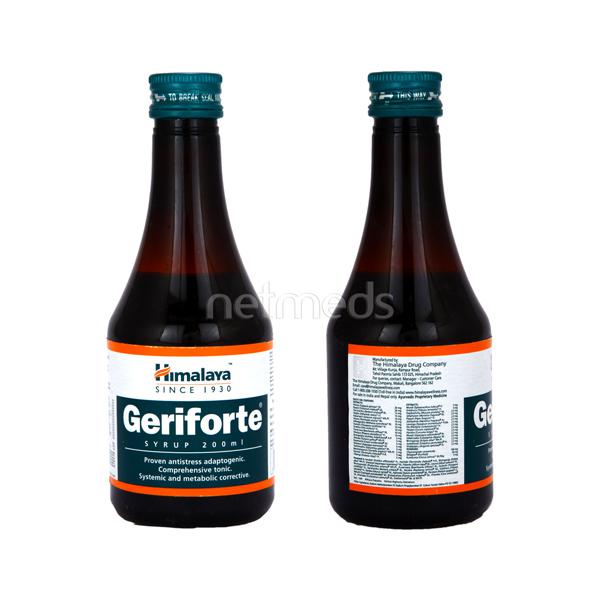 Himalaya Herbals Geriforte Syrup 200ml bottle with herbal ingredients, Ayurvedic wellness supplement in a clear plastic bottle